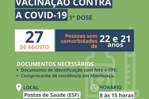 Pessoas de 22 e 21 anos serão vacinadas contra a Covid-19 nesta sexta-feira em Manhuaçu