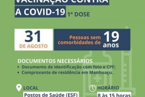 Covid-19: Manhuaçu vacina pessoas de 19 anos nesta terça, 31/08