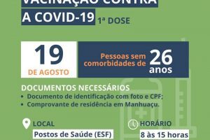 Pessoas de 26 anos serão vacinadas contra a Covid-19 nesta quinta-feira em Manhuaçu