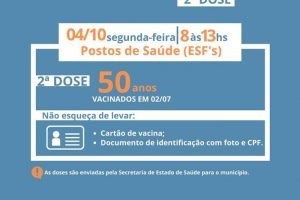 Covid-19: Pessoas de 50 anos recebem a 2ª dose na próxima segunda-feira em Manhuaçu