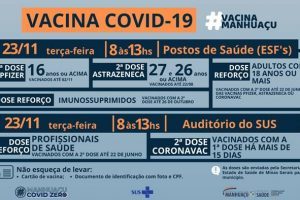 Novas chamadas da vacinação contra Covid-19 em Manhuaçu nesta terça, 23/11
